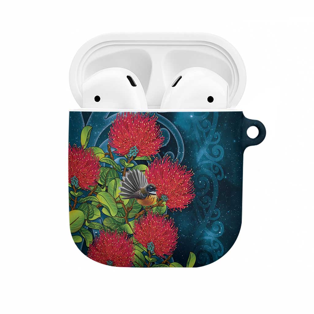 New Zealand Matariki Piwakawaka AirPods Case Maori Koru With Pohutukawa Flowers LT05 Dark Teal - Polynesian Pride