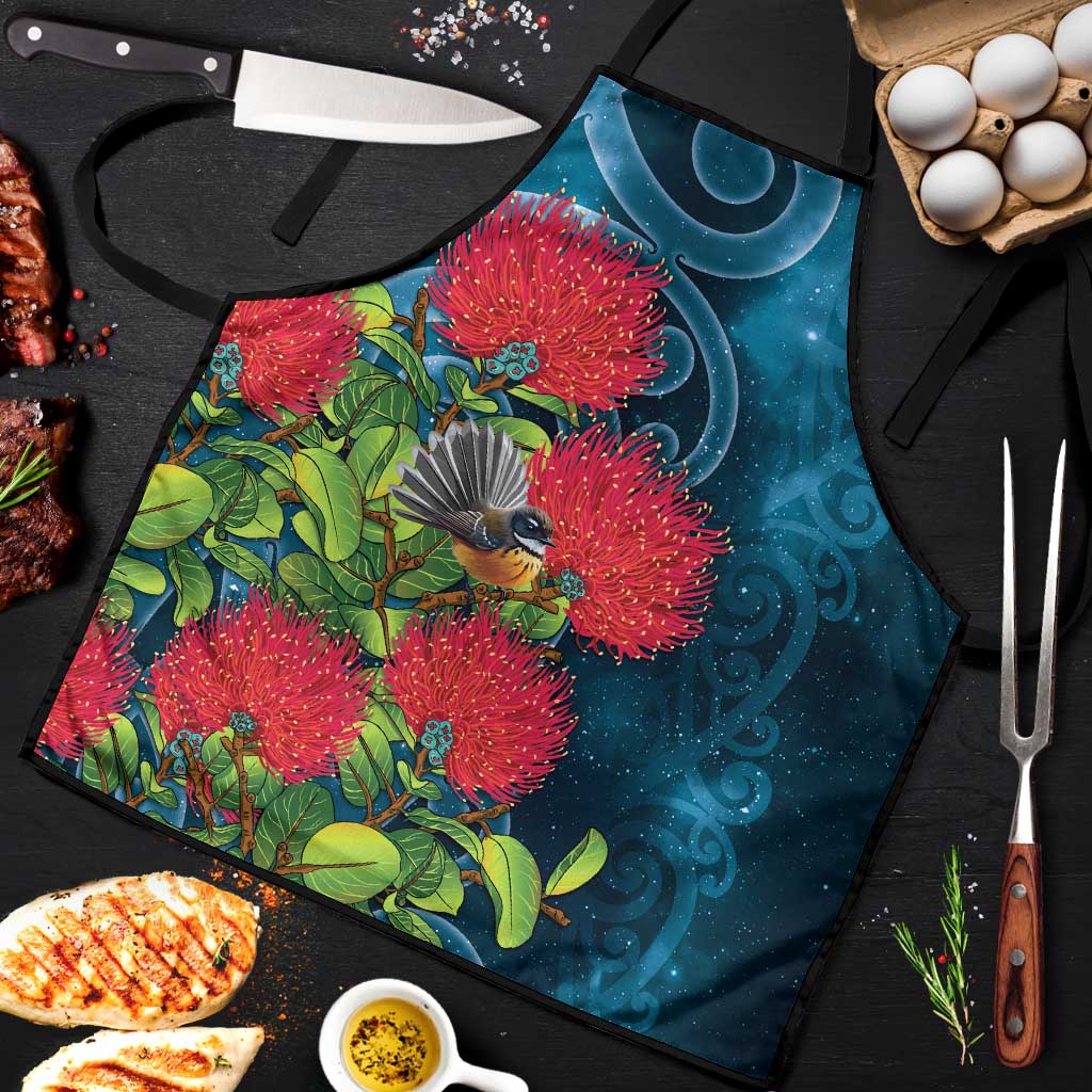 New Zealand Matariki Piwakawaka Apron Maori Koru With Pohutukawa Flowers LT05 Dark Teal - Polynesian Pride