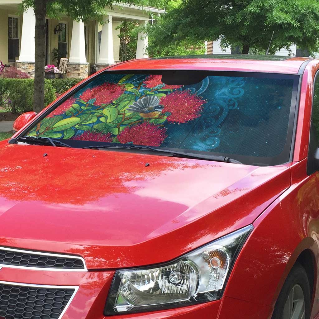 New Zealand Matariki Piwakawaka Auto Sun Shade Maori Koru With Pohutukawa Flowers LT05 - Polynesian Pride