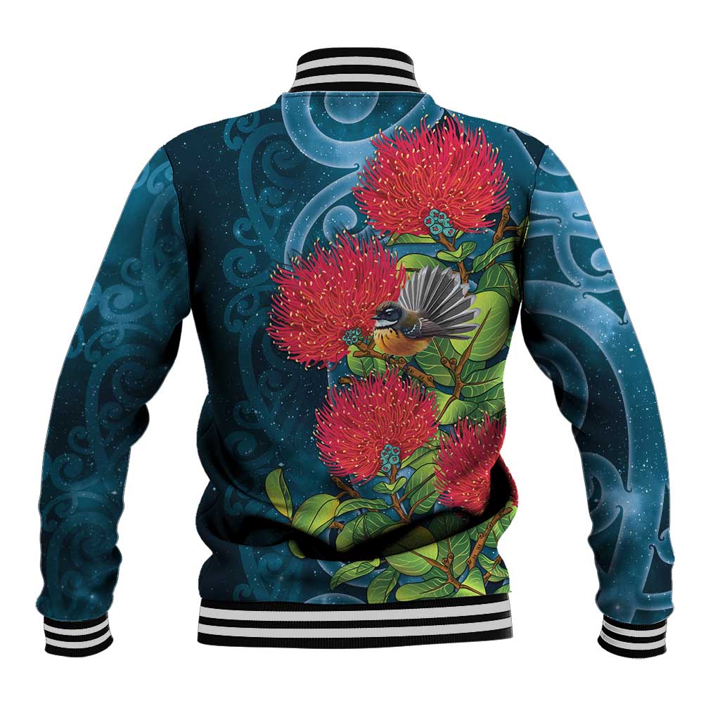 New Zealand Matariki Piwakawaka Baseball Jacket Maori Koru With Pohutukawa Flowers LT05 - Polynesian Pride
