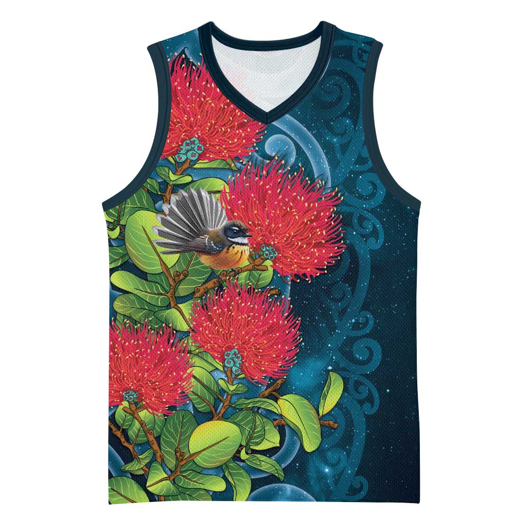 New Zealand Matariki Piwakawaka Basketball Jersey Maori Koru With Pohutukawa Flowers