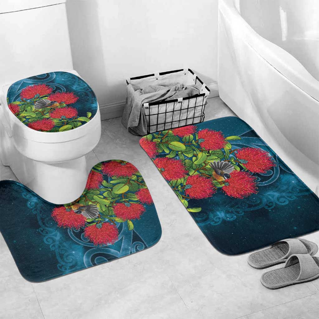 New Zealand Matariki Piwakawaka Bathroom Set Maori Koru With Pohutukawa Flowers LT05 Mat Set Only (3 pcs) One Size Dark Teal - Polynesian Pride