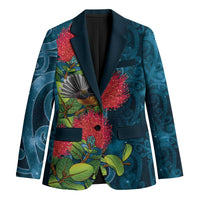 New Zealand Matariki Piwakawaka Blazer Maori Koru With Pohutukawa Flowers LT05 Unisex Dark Teal - Polynesian Pride