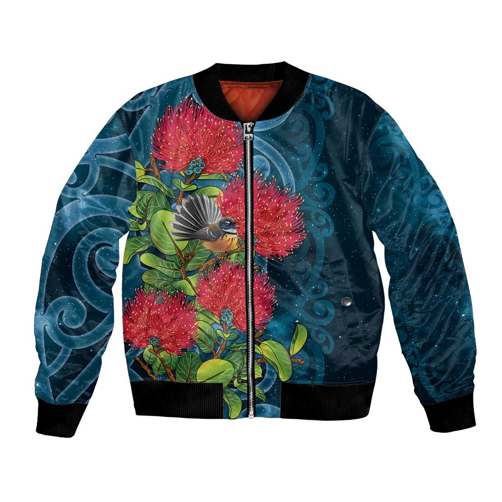 New Zealand Matariki Piwakawaka Bomber Jacket Maori Koru With Pohutukawa Flowers LT05 Unisex Dark Teal - Polynesian Pride