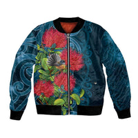 New Zealand Matariki Piwakawaka Bomber Jacket Maori Koru With Pohutukawa Flowers LT05 Unisex Dark Teal - Polynesian Pride