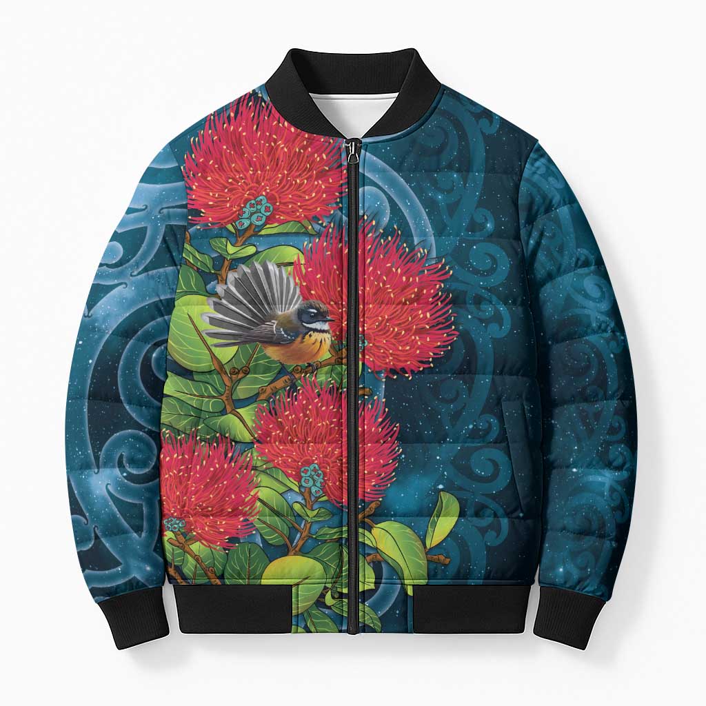 New Zealand Matariki Piwakawaka Bomber Puffer Jacket Maori Koru With Pohutukawa Flowers