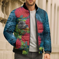 New Zealand Matariki Piwakawaka Bomber Puffer Jacket Maori Koru With Pohutukawa Flowers LT05 - Polynesian Pride
