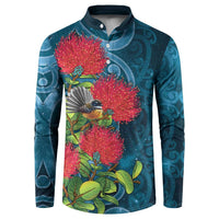 New Zealand Matariki Piwakawaka Button Sweatshirt Maori Koru With Pohutukawa Flowers LT05 Dark Teal - Polynesian Pride