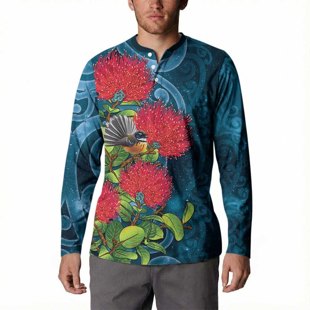 New Zealand Matariki Piwakawaka Button Sweatshirt Maori Koru With Pohutukawa Flowers LT05 - Polynesian Pride