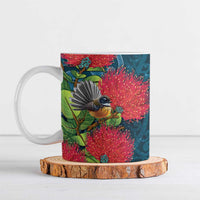 New Zealand Matariki Piwakawaka Ceramic Mug Maori Koru With Pohutukawa Flowers LT05 Dark Teal - Polynesian Pride