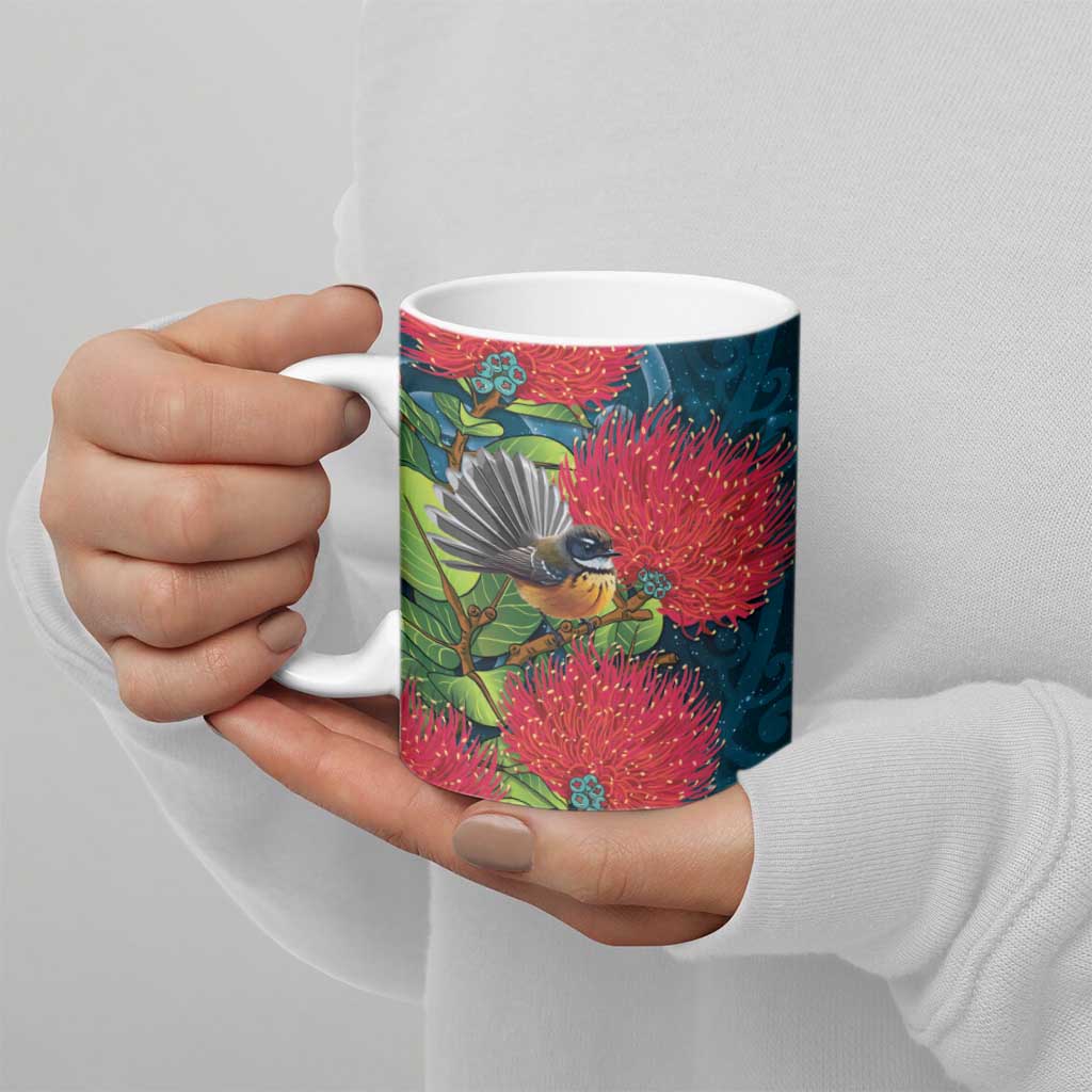 New Zealand Matariki Piwakawaka Ceramic Mug Maori Koru With Pohutukawa Flowers LT05 - Polynesian Pride
