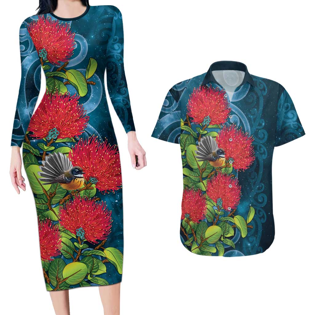 New Zealand Matariki Piwakawaka Couples Matching Long Sleeve Bodycon Dress and Hawaiian Shirt Maori Koru With Pohutukawa Flowers LT05 Dark Teal - Polynesian Pride