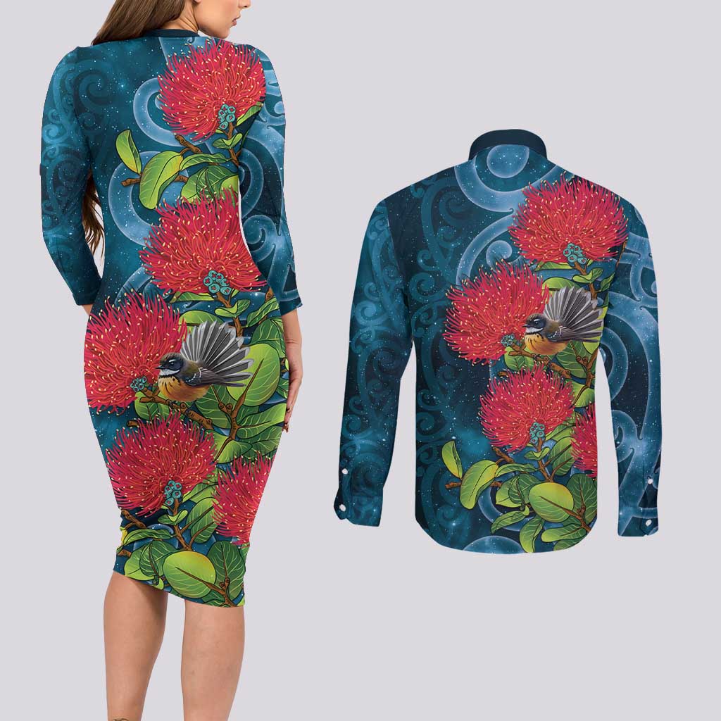 New Zealand Matariki Piwakawaka Couples Matching Long Sleeve Bodycon Dress and Long Sleeve Button Shirt Maori Koru With Pohutukawa Flowers LT05 - Polynesian Pride