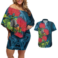 New Zealand Matariki Piwakawaka Couples Matching Off Shoulder Short Dress and Hawaiian Shirt Maori Koru With Pohutukawa Flowers LT05 Dark Teal - Polynesian Pride