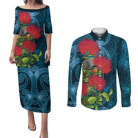 New Zealand Matariki Piwakawaka Couples Matching Puletasi and Long Sleeve Button Shirt Maori Koru With Pohutukawa Flowers LT05 Dark Teal - Polynesian Pride