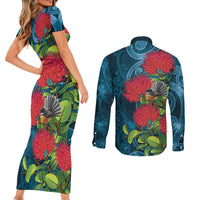 New Zealand Matariki Piwakawaka Couples Matching Short Sleeve Bodycon Dress and Long Sleeve Button Shirt Maori Koru With Pohutukawa Flowers LT05 - Polynesian Pride