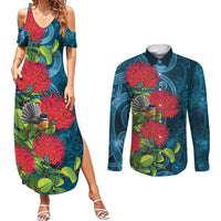 New Zealand Matariki Piwakawaka Couples Matching Summer Maxi Dress and Long Sleeve Button Shirt Maori Koru With Pohutukawa Flowers LT05 Dark Teal - Polynesian Pride