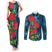 New Zealand Matariki Piwakawaka Couples Matching Tank Maxi Dress and Long Sleeve Button Shirt Maori Koru With Pohutukawa Flowers LT05 Dark Teal - Polynesian Pride