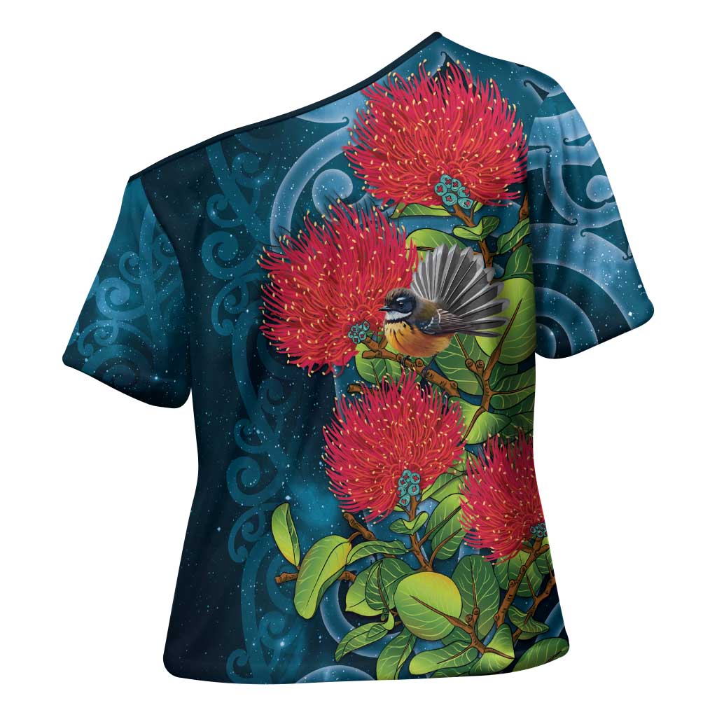 New Zealand Matariki Piwakawaka Cross Shoulder Shirt Maori Koru With Pohutukawa Flowers LT05 - Polynesian Pride