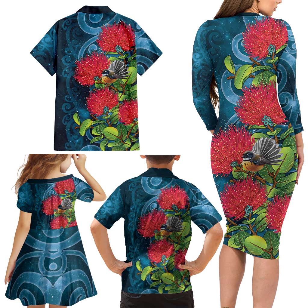 New Zealand Matariki Piwakawaka Family Matching Long Sleeve Bodycon Dress and Hawaiian Shirt Maori Koru With Pohutukawa Flowers LT05 - Polynesian Pride