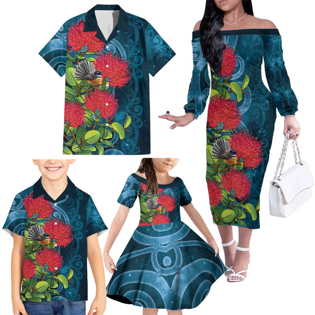 New Zealand Matariki Piwakawaka Family Matching Off The Shoulder Long Sleeve Dress and Hawaiian Shirt Maori Koru With Pohutukawa Flowers LT05 - Polynesian Pride