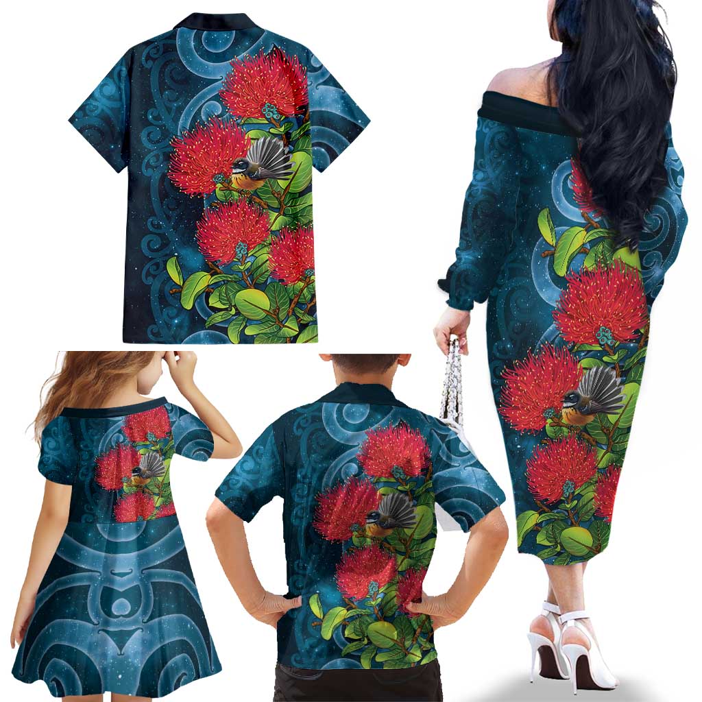 New Zealand Matariki Piwakawaka Family Matching Off The Shoulder Long Sleeve Dress and Hawaiian Shirt Maori Koru With Pohutukawa Flowers LT05 - Polynesian Pride