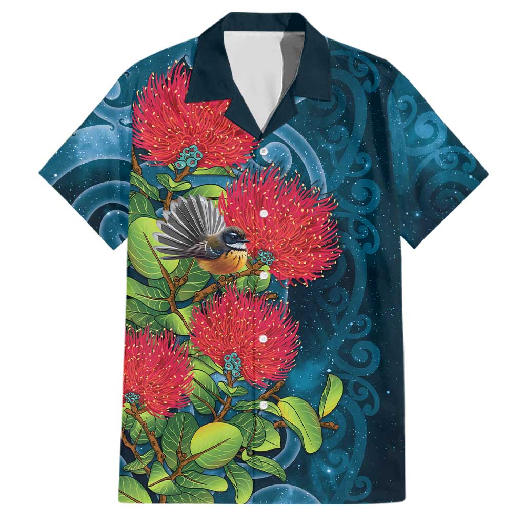 New Zealand Matariki Piwakawaka Family Matching Off The Shoulder Long Sleeve Dress and Hawaiian Shirt Maori Koru With Pohutukawa Flowers LT05 Dad's Shirt - Short Sleeve Dark Teal - Polynesian Pride