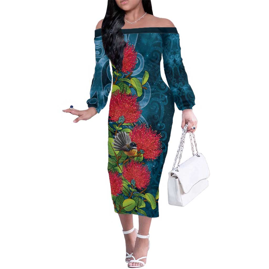 New Zealand Matariki Piwakawaka Family Matching Off The Shoulder Long Sleeve Dress and Hawaiian Shirt Maori Koru With Pohutukawa Flowers LT05 Mom's Dress Dark Teal - Polynesian Pride