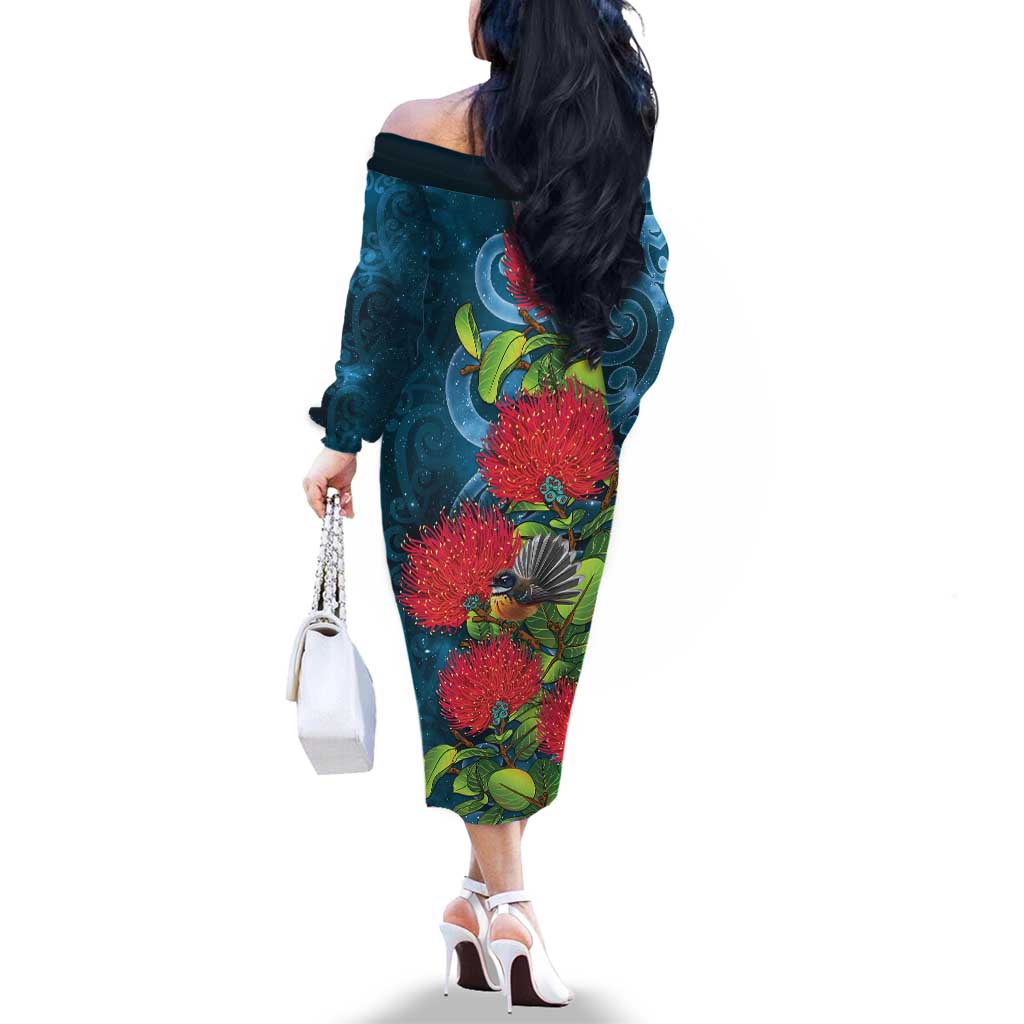 New Zealand Matariki Piwakawaka Family Matching Off The Shoulder Long Sleeve Dress and Hawaiian Shirt Maori Koru With Pohutukawa Flowers LT05 - Polynesian Pride