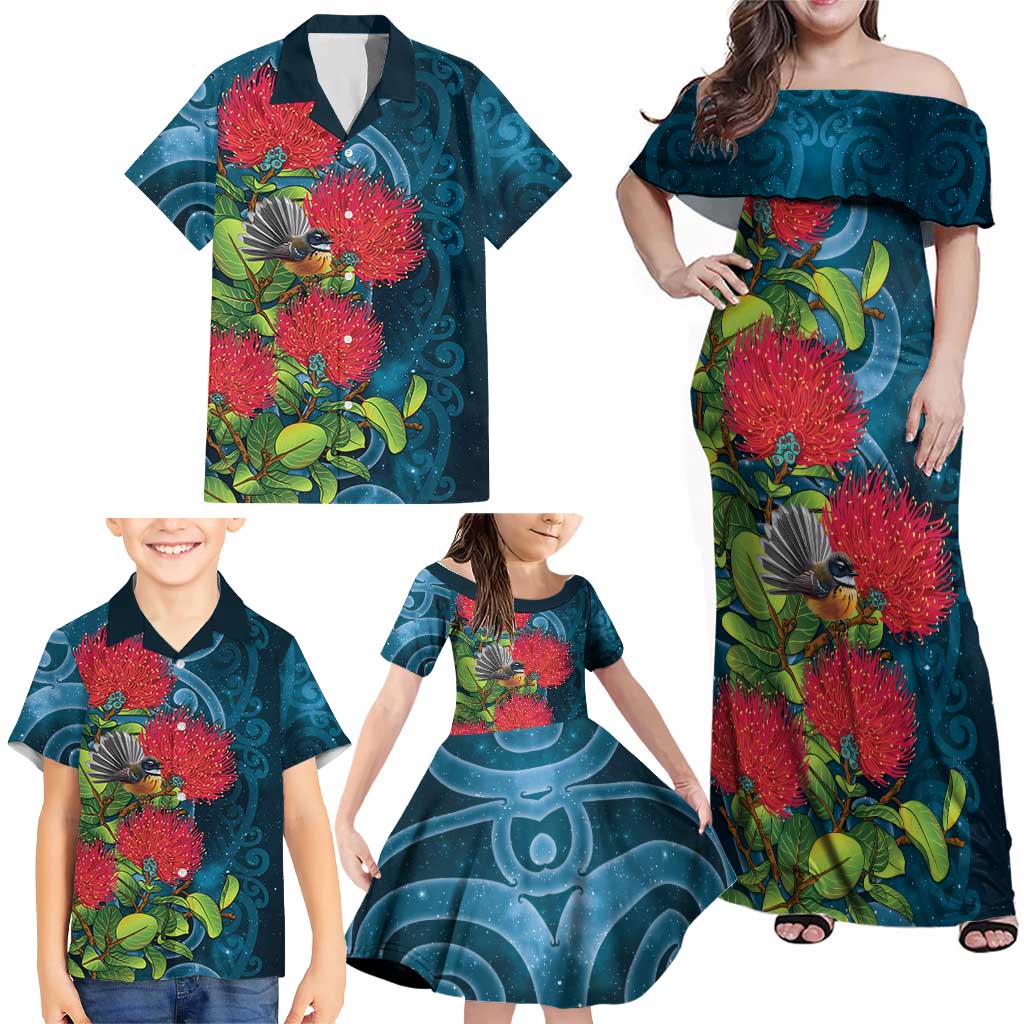 New Zealand Matariki Piwakawaka Family Matching Off Shoulder Maxi Dress and Hawaiian Shirt Maori Koru With Pohutukawa Flowers LT05 - Polynesian Pride