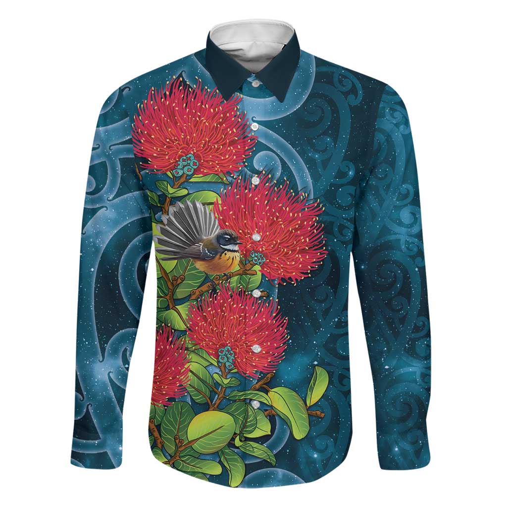 New Zealand Matariki Piwakawaka Family Matching Short Sleeve Bodycon Dress and Hawaiian Shirt Maori Koru With Pohutukawa Flowers LT05 Dad's Shirt - Long Sleeve Dark Teal - Polynesian Pride