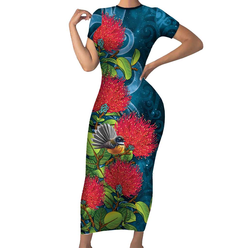 New Zealand Matariki Piwakawaka Family Matching Short Sleeve Bodycon Dress and Hawaiian Shirt Maori Koru With Pohutukawa Flowers LT05 Mom's Dress Dark Teal - Polynesian Pride