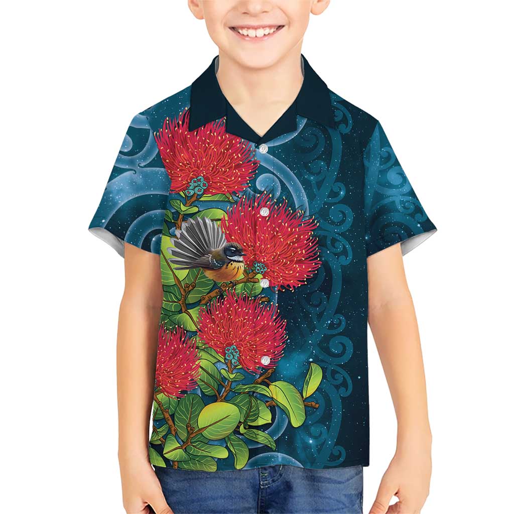 New Zealand Matariki Piwakawaka Family Matching Tank Maxi Dress and Hawaiian Shirt Maori Koru With Pohutukawa Flowers LT05 Son's Shirt Dark Teal - Polynesian Pride