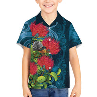 New Zealand Matariki Piwakawaka Family Matching Tank Maxi Dress and Hawaiian Shirt Maori Koru With Pohutukawa Flowers LT05 Son's Shirt Dark Teal - Polynesian Pride