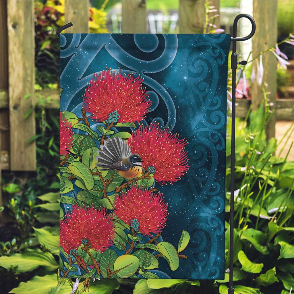 New Zealand Matariki Piwakawaka Garden Flag Maori Koru With Pohutukawa Flowers LT05 Garden Flag Dark Teal - Polynesian Pride