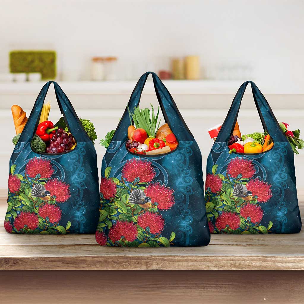 New Zealand Matariki Piwakawaka Grocery Bag Maori Koru With Pohutukawa Flowers LT05 3-pack One Size Dark Teal - Polynesian Pride