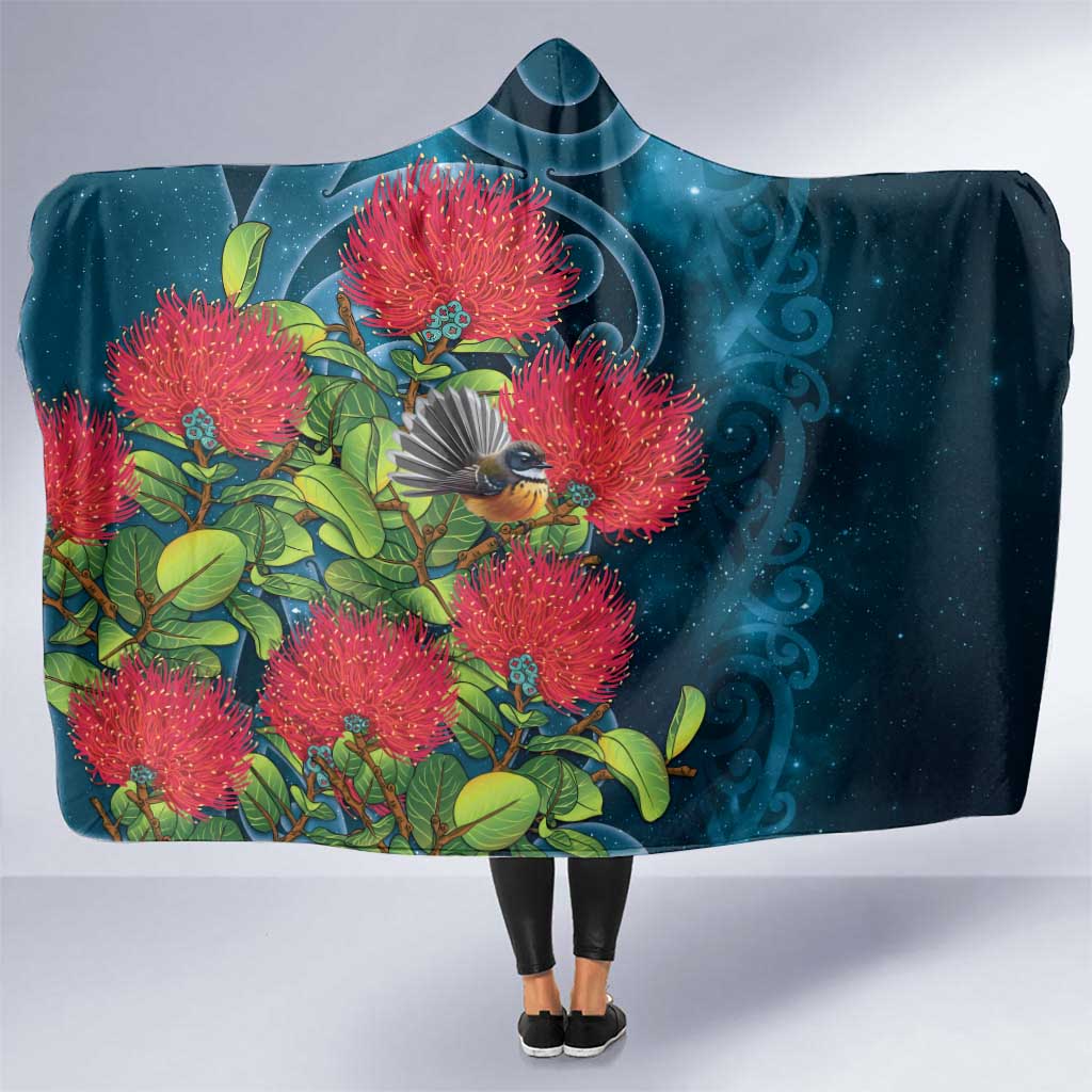 New Zealand Matariki Piwakawaka Hooded Blanket Maori Koru With Pohutukawa Flowers LT05 One Size Dark Teal - Polynesian Pride