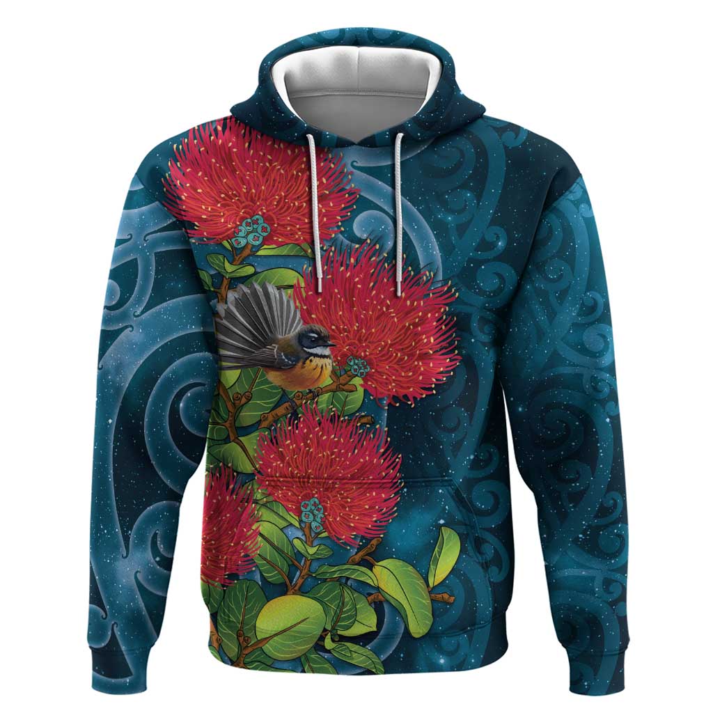 New Zealand Matariki Piwakawaka Hoodie Maori Koru With Pohutukawa Flowers LT05 Pullover Hoodie Dark Teal - Polynesian Pride