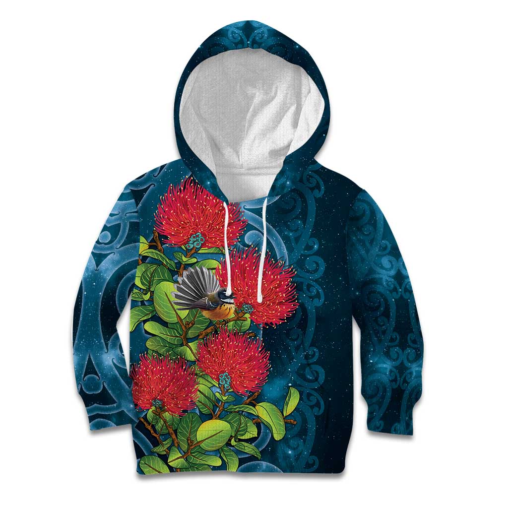 New Zealand Matariki Piwakawaka Kid Hoodie Maori Koru With Pohutukawa Flowers
