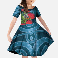 New Zealand Matariki Piwakawaka Kid Short Sleeve Dress Maori Koru With Pohutukawa Flowers LT05 KID Dark Teal - Polynesian Pride