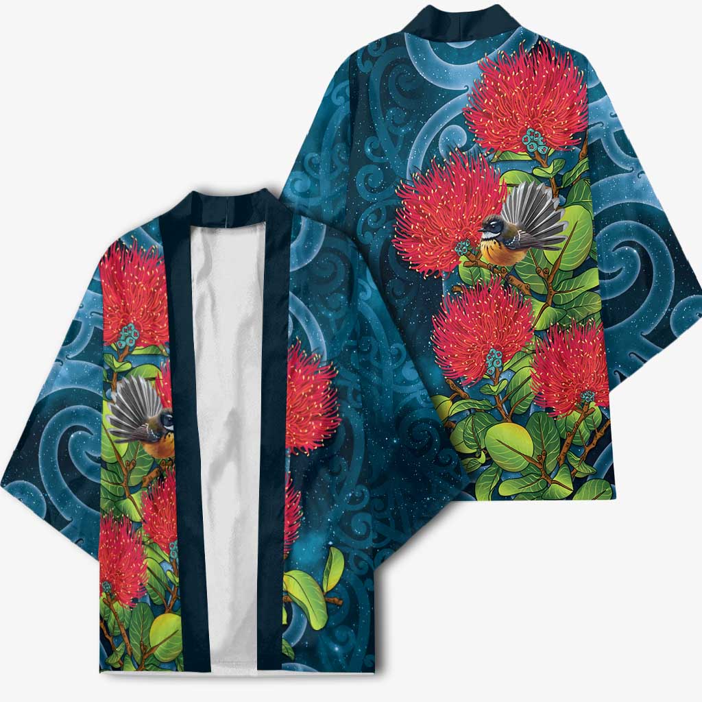 New Zealand Matariki Piwakawaka Kimono Maori Koru With Pohutukawa Flowers LT05 - Polynesian Pride
