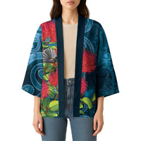 New Zealand Matariki Piwakawaka Kimono Maori Koru With Pohutukawa Flowers LT05 - Polynesian Pride