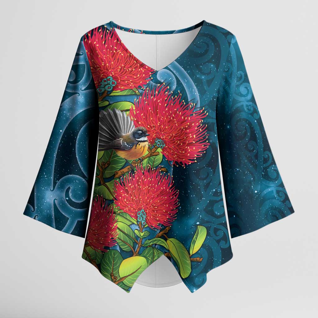 New Zealand Matariki Piwakawaka Kimono Sleeve Blouse Maori Koru With Pohutukawa Flowers LT05 Female Dark Teal - Polynesian Pride