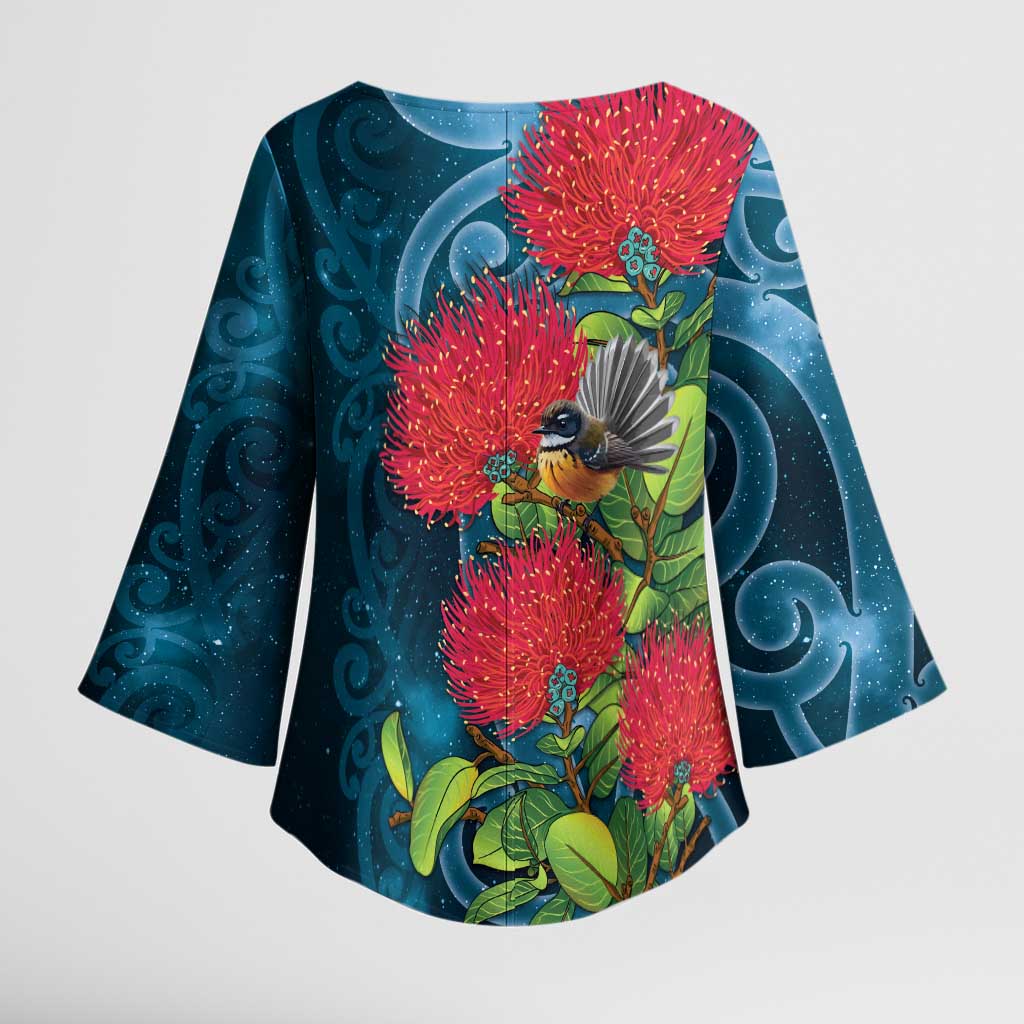 New Zealand Matariki Piwakawaka Kimono Sleeve Blouse Maori Koru With Pohutukawa Flowers LT05 - Polynesian Pride