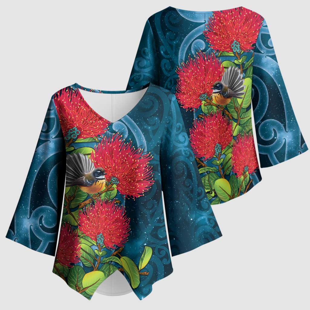 New Zealand Matariki Piwakawaka Kimono Sleeve Blouse Maori Koru With Pohutukawa Flowers LT05 - Polynesian Pride