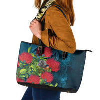 New Zealand Matariki Piwakawaka Leather Tote Bag Maori Koru With Pohutukawa Flowers LT05 Dark Teal - Polynesian Pride