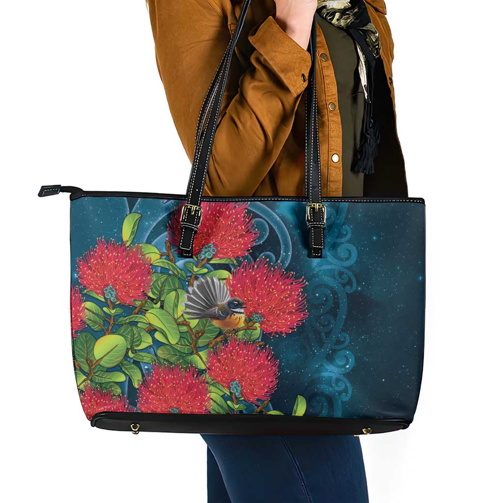 New Zealand Matariki Piwakawaka Leather Tote Bag Maori Koru With Pohutukawa Flowers LT05 - Polynesian Pride