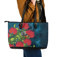 New Zealand Matariki Piwakawaka Leather Tote Bag Maori Koru With Pohutukawa Flowers LT05 - Polynesian Pride