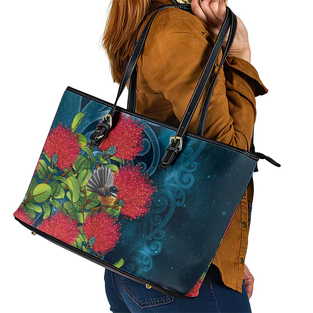 New Zealand Matariki Piwakawaka Leather Tote Bag Maori Koru With Pohutukawa Flowers LT05 - Polynesian Pride