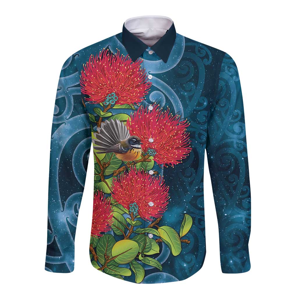 New Zealand Matariki Piwakawaka Long Sleeve Button Shirt Maori Koru With Pohutukawa Flowers LT05 Unisex Dark Teal - Polynesian Pride